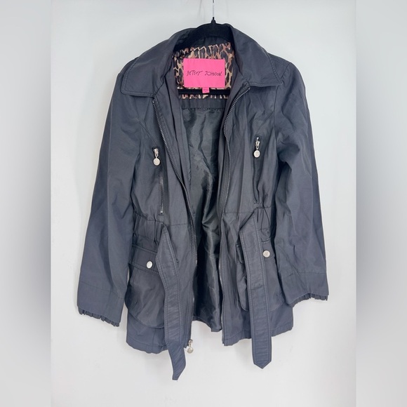 Betsy Johnson Cheetah Print Hooded Long Sleeve Waist Tie Rain Jacket - Picture 1 of 3